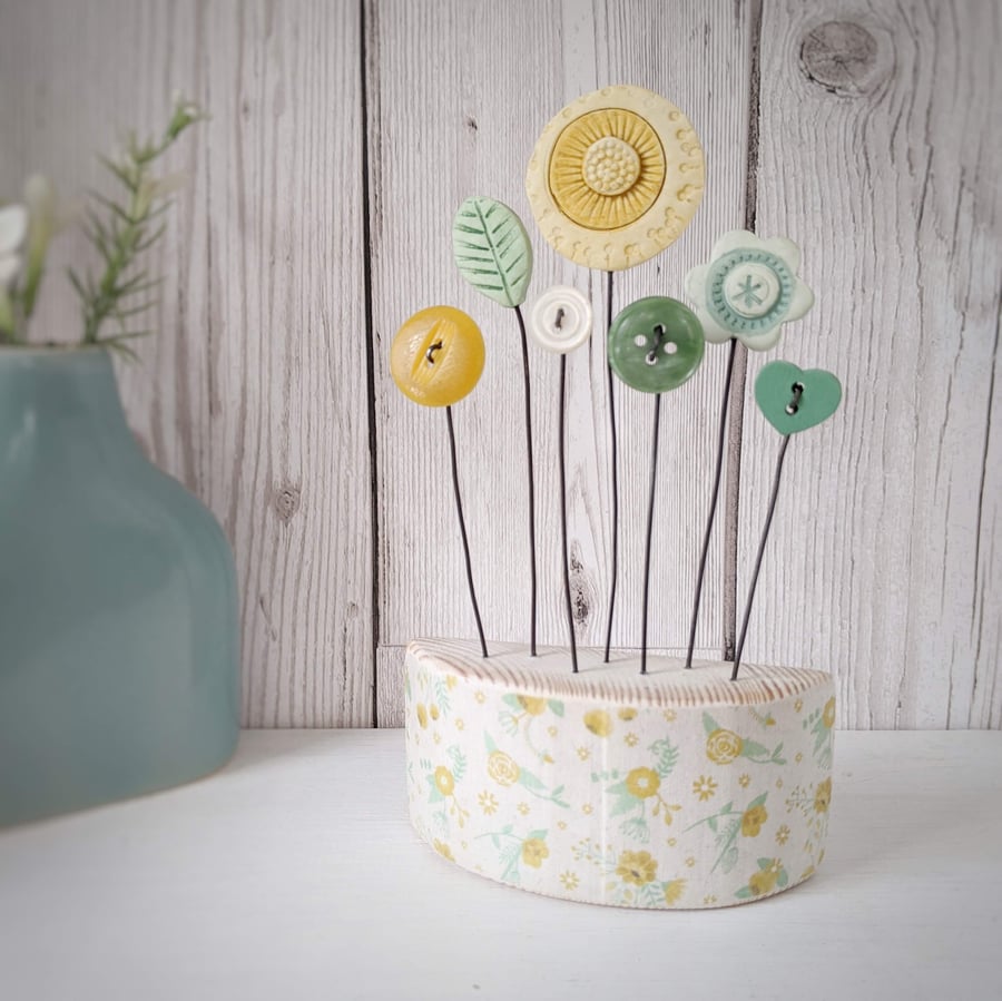 Clay and Button Flower Garden in a Floral Wood Block
