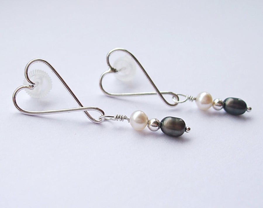 Sterling Silver Heart Earrings with Freshwater Pearl Drops