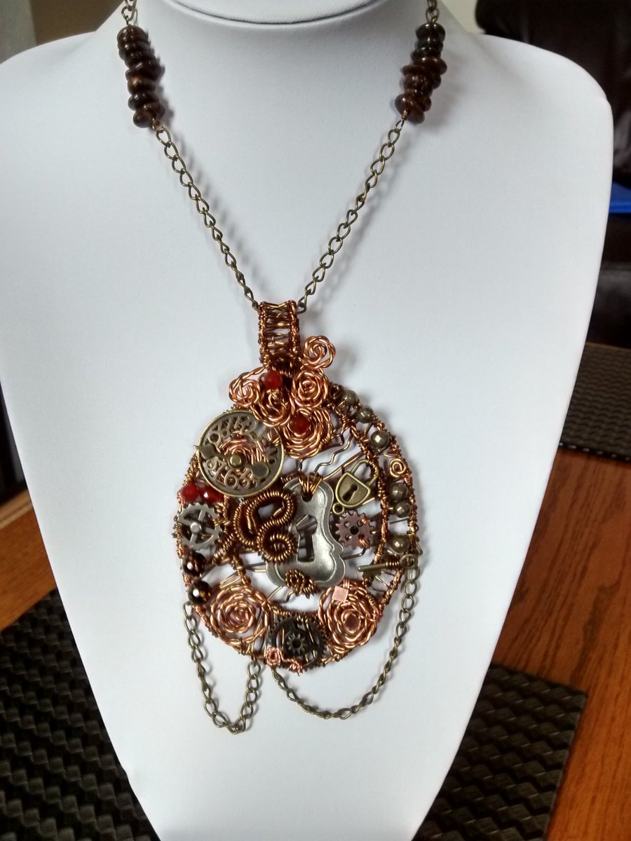 STEAMPUNK NECKLACE- WIRE WRAPPED - - FREE UK POSTAGE