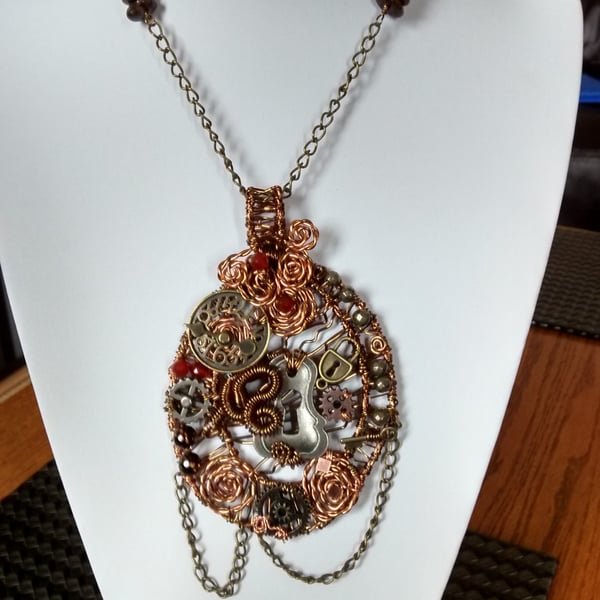 STEAMPUNK NECKLACE- WIRE WRAPPED - - FREE UK POSTAGE