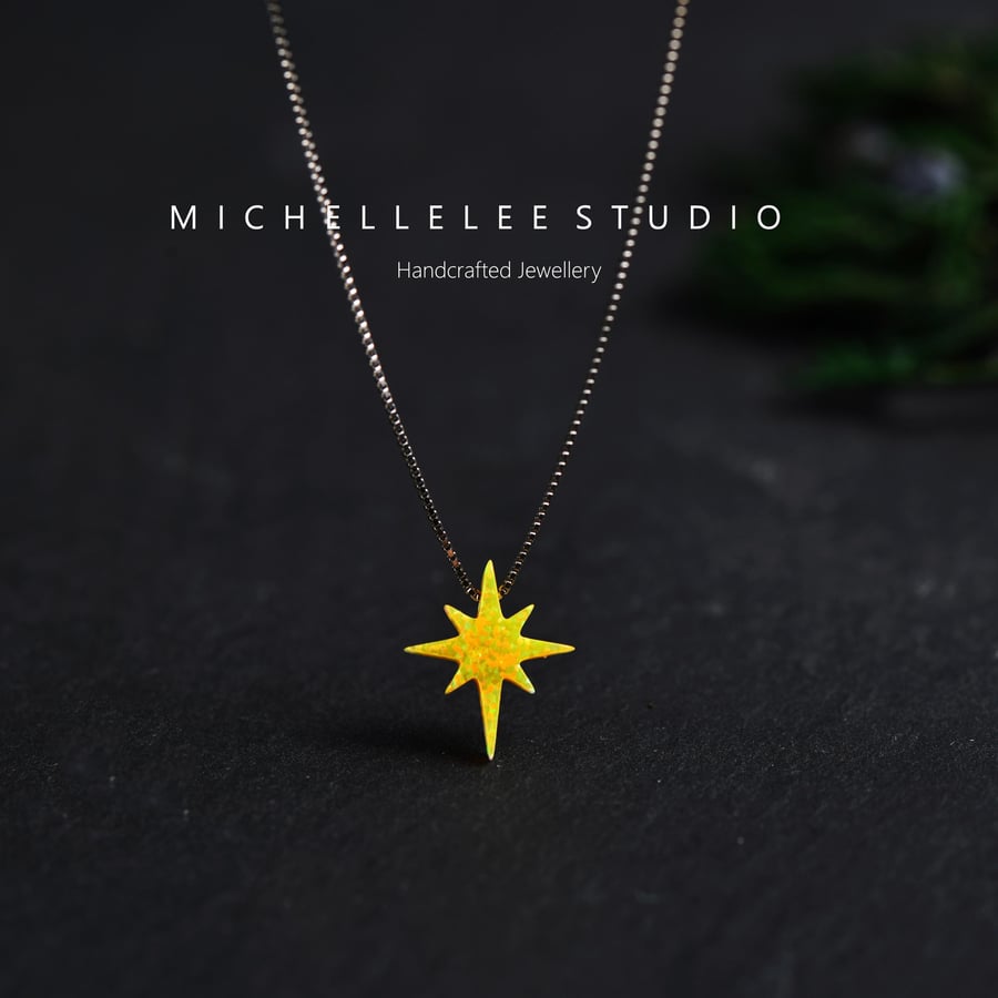 Yellow Starburst Opal Necklace With 925 Sterling Silver Chain