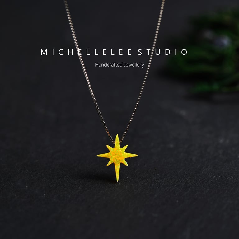 Yellow Starburst Opal Necklace With 925 Sterling Silver Chain