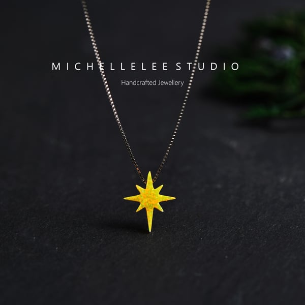 Yellow Starburst Opal Necklace With 925 Sterling Silver Chain