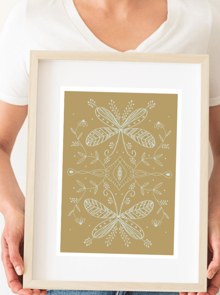 Mustard Yellow Botanical Art Print Framed Boho Butterfly Wall Decor Scandi 