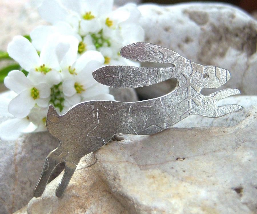 Hare brooch in etched pewter