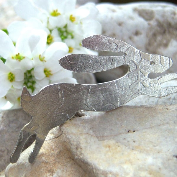 Hare brooch in etched pewter