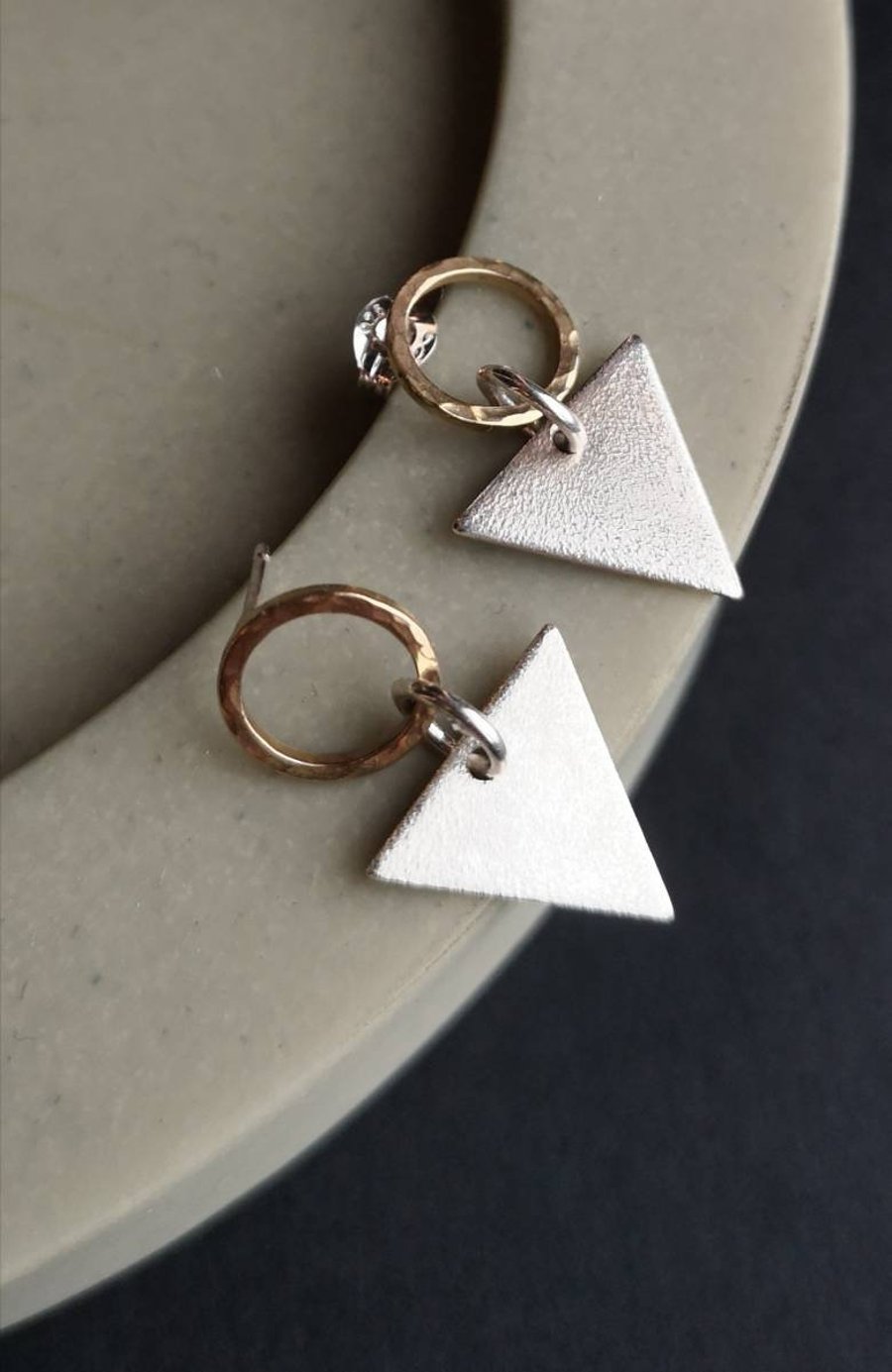 Silver and gold earrings, Geometric jewellery, triangle earrings