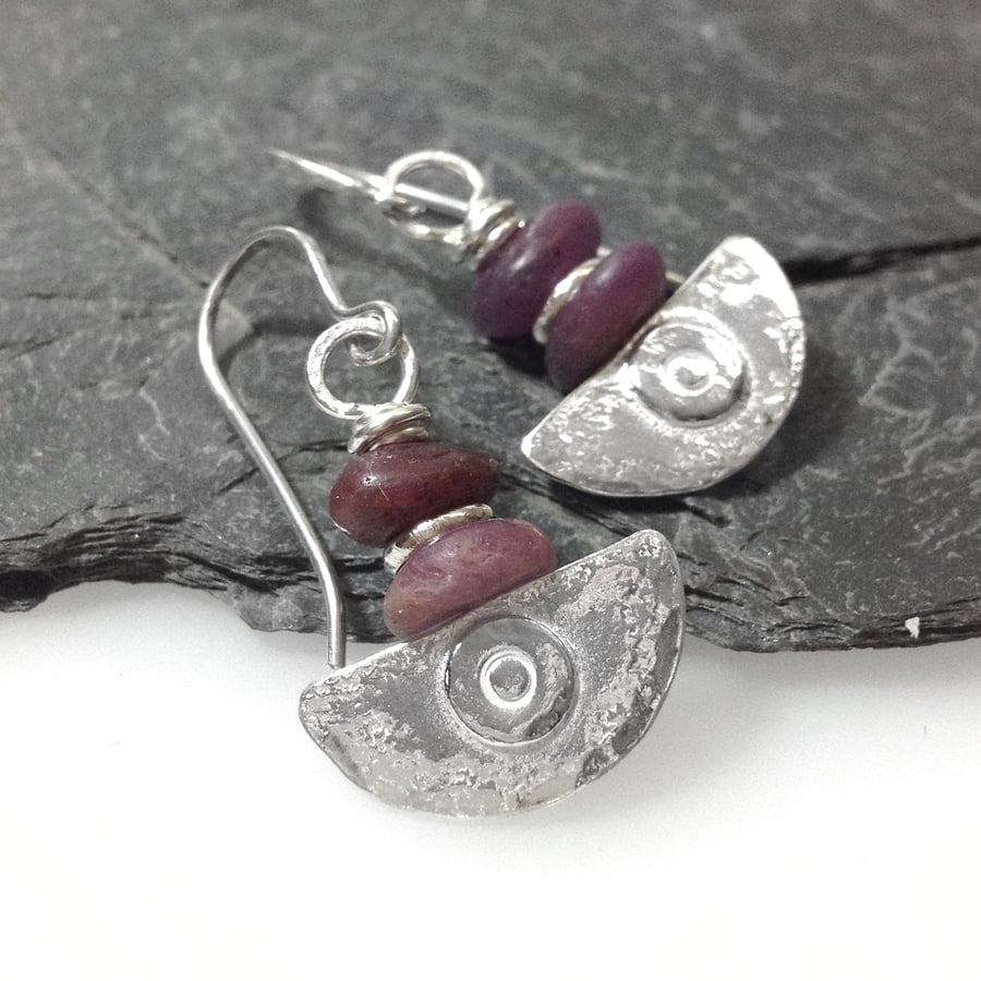  handmade silver and raw ruby earrings 