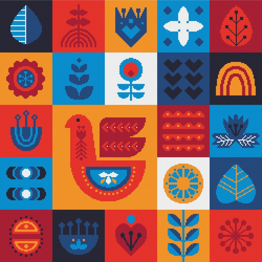 078 - Folk Art Bird Chicken & Flower Mosaic Tile Design  - Cross Stitch Pattern