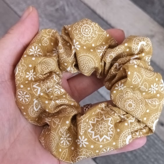 Caramel Toffee Brown Floral Doodles Hair Scrunchie. Hair Accessories.