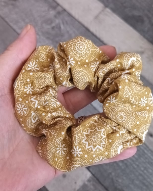 Caramel Toffee Brown Floral Doodles Hair Scrunchie. Hair Accessories.