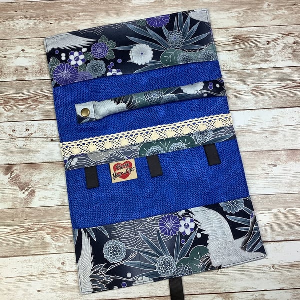 Oriental Cranes Jewellery roll, Blue jewellery wrap, Travel organiser, Handmade