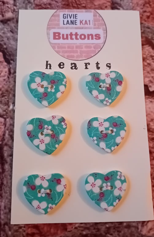 Set of Six Heart Buttons – Turquoise and Pink Floral Design