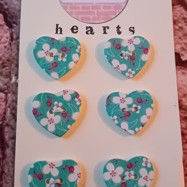 Set of Six Heart Buttons – Turquoise and Pink Floral Design