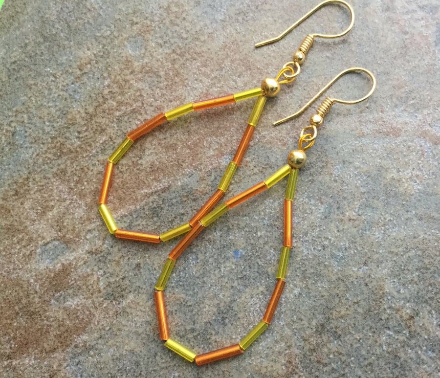 Yellow & Orange Bugle Bead Hoop Earrings, Boho Festival Earrings