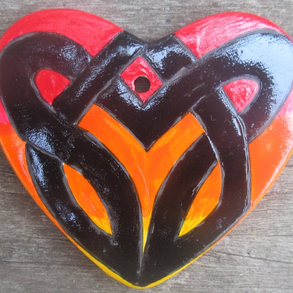 Hand painted ceramic heart decoration – Celtic Knot in black and fire colours