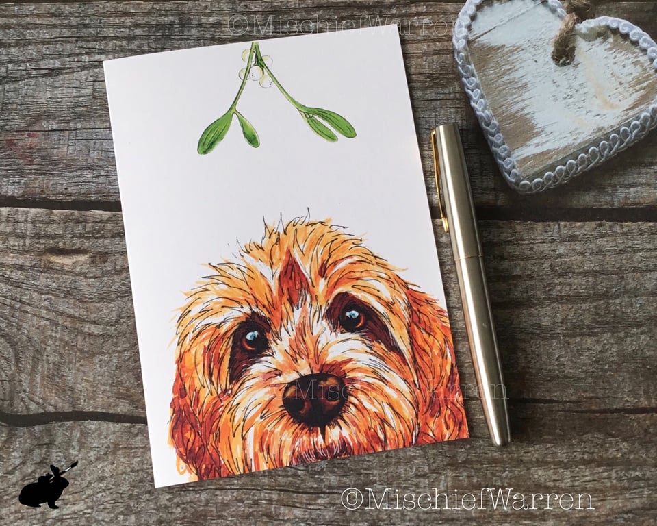 Cockapoo Christmas Card. Apricot Cockerpoo dog Christmas card.