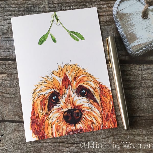Cockapoo Christmas Card. Apricot Cockerpoo dog Christmas card.