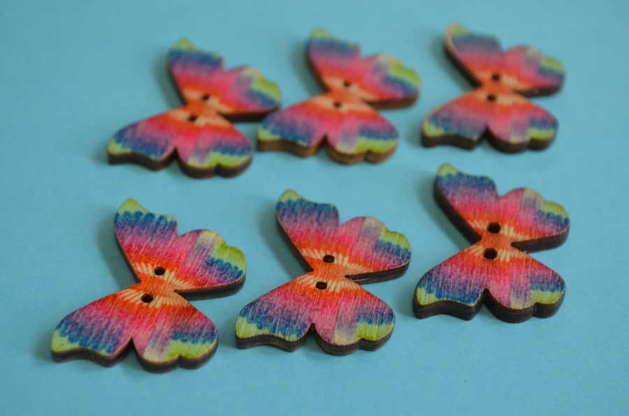 Wooden Butterfly Buttons Rainbow Pink Turquoise Blue 6pk 28x20mm (B14)