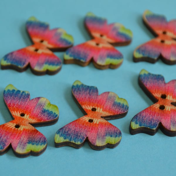 Wooden Butterfly Buttons Rainbow Pink Turquoise Blue 6pk 28x20mm (B14)
