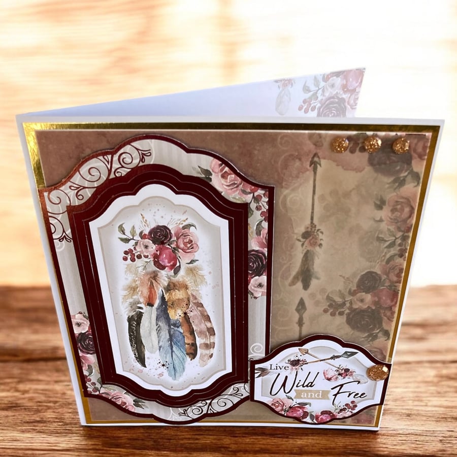 Boho Feather Card. Layered Gold & Floral Greeting Card.“Live Wild and Free” Card