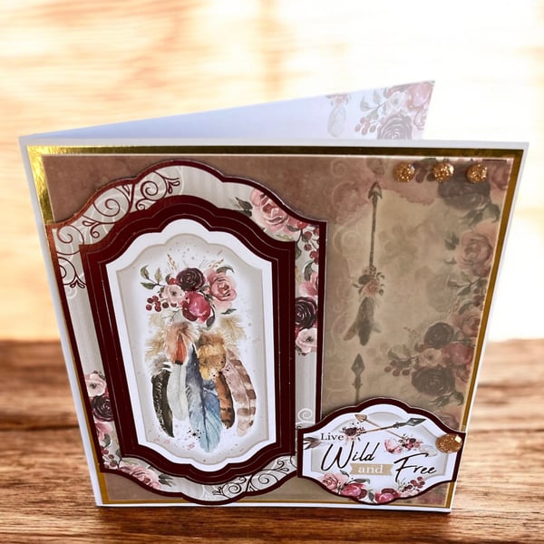 Boho Feather Card. Layered Gold & Floral Greeting Card.“Live Wild and Free” Card