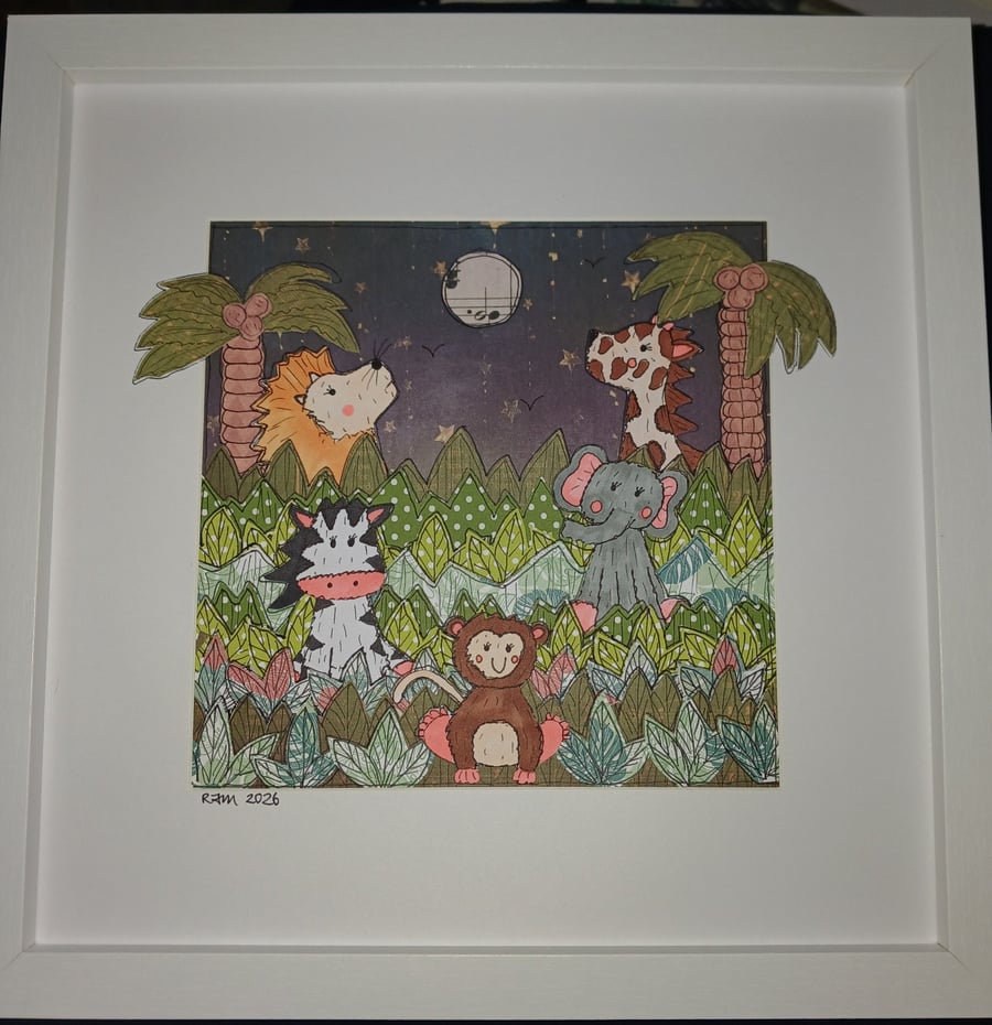 Quirky art nursery original cute jungle animals Happy art mixed media picture