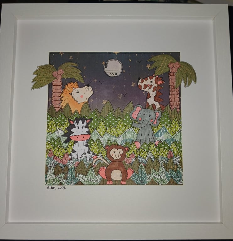 Quirky art nursery original cute jungle animals Happy art mixed media picture