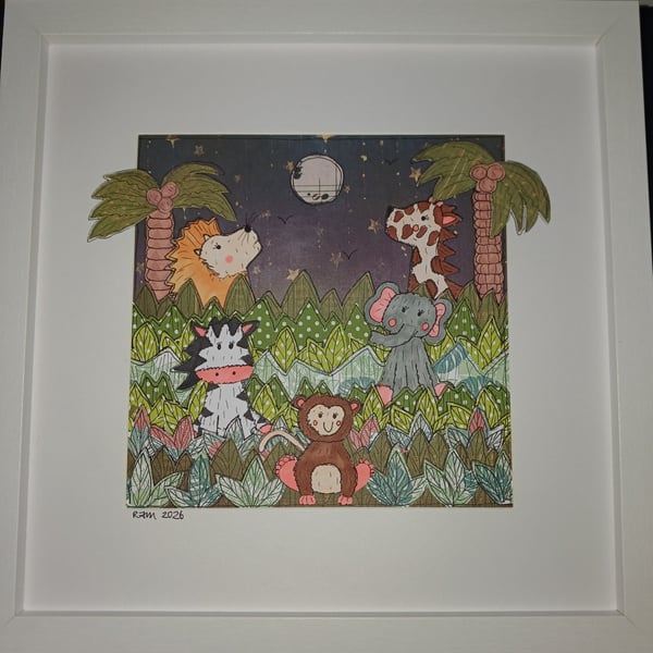 Quirky art nursery original cute jungle animals Happy art mixed media picture