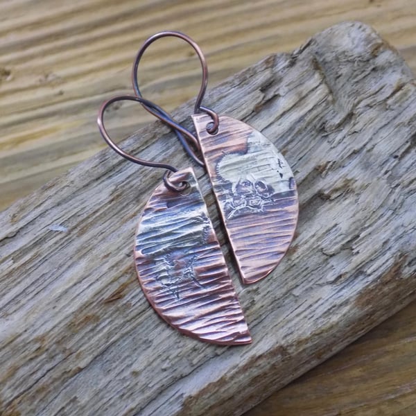 Aged copper half moon 'ripple' earrings, boho style 