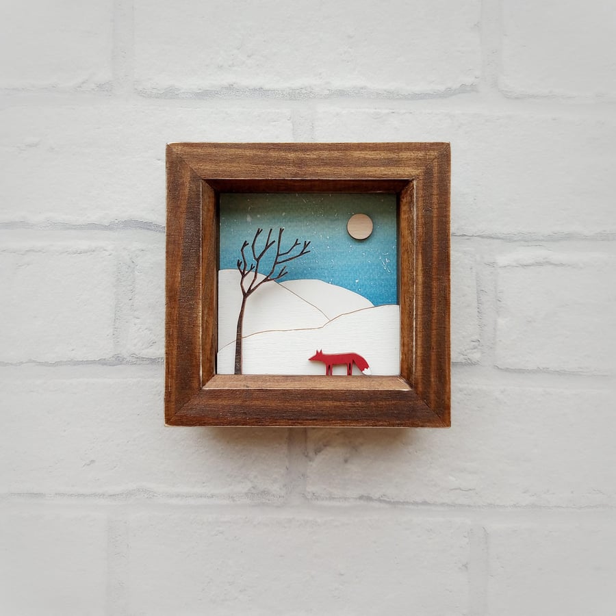 Fox Picture, Winter Landscape Diorama, Christmas Gift, Original Art