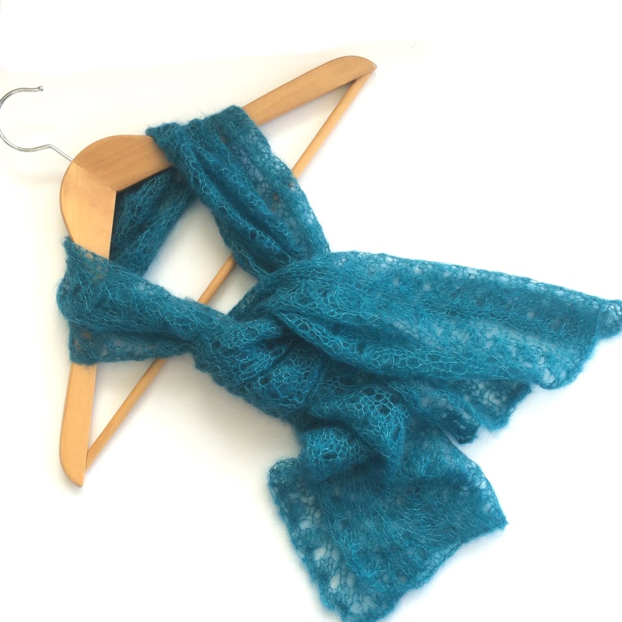 Teal lace scarf hand knit in kid mohair