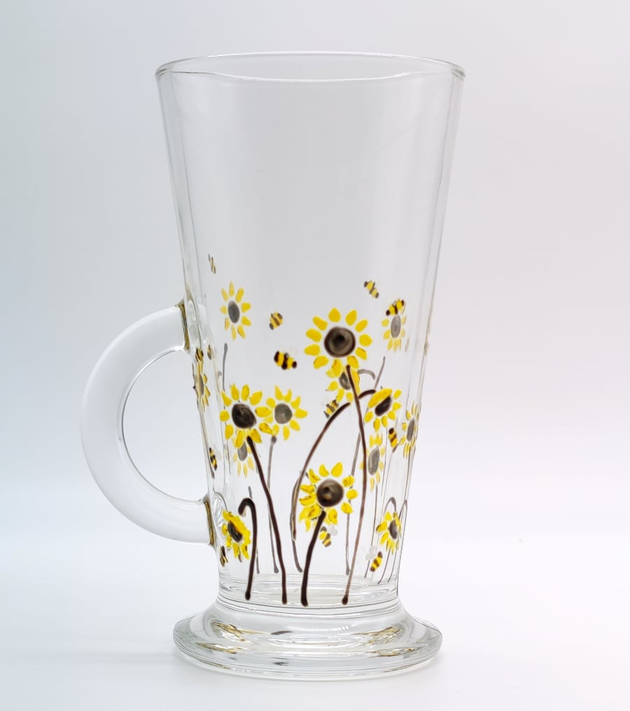 Hand-painted 'Sunflower & bee' design Latte Glass