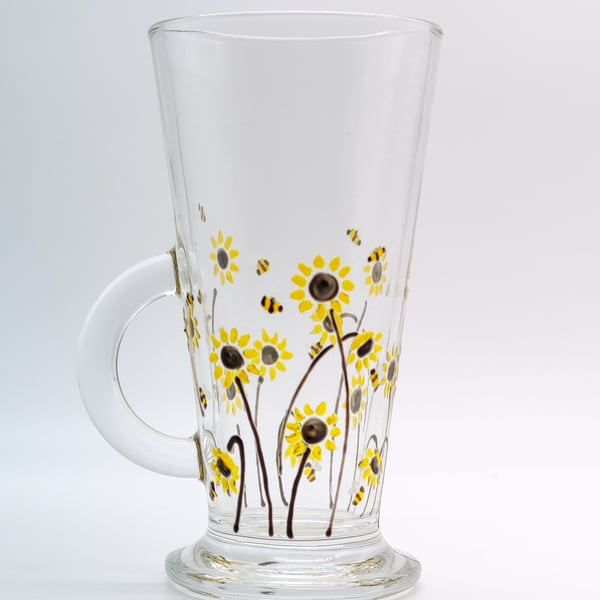 Hand-painted 'Sunflower & bee' design Latte Glass