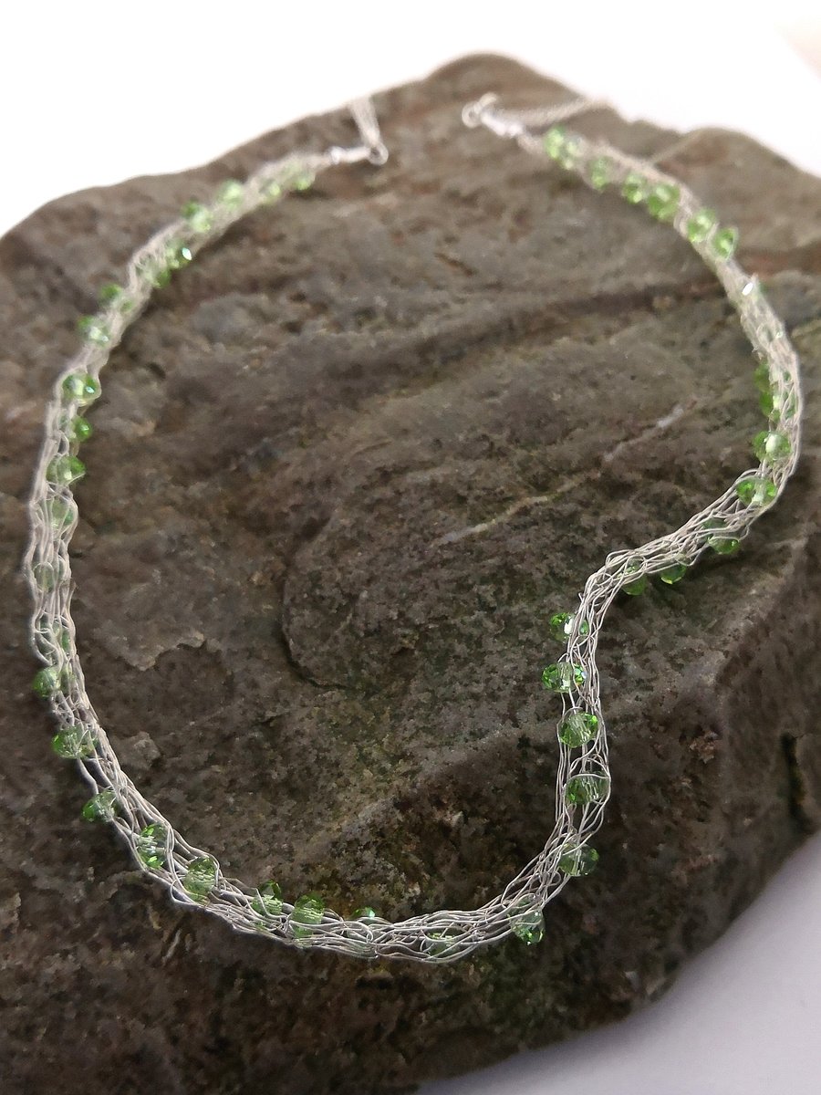 Crochet Fine Silver and Czech Glass Beaded Necklace