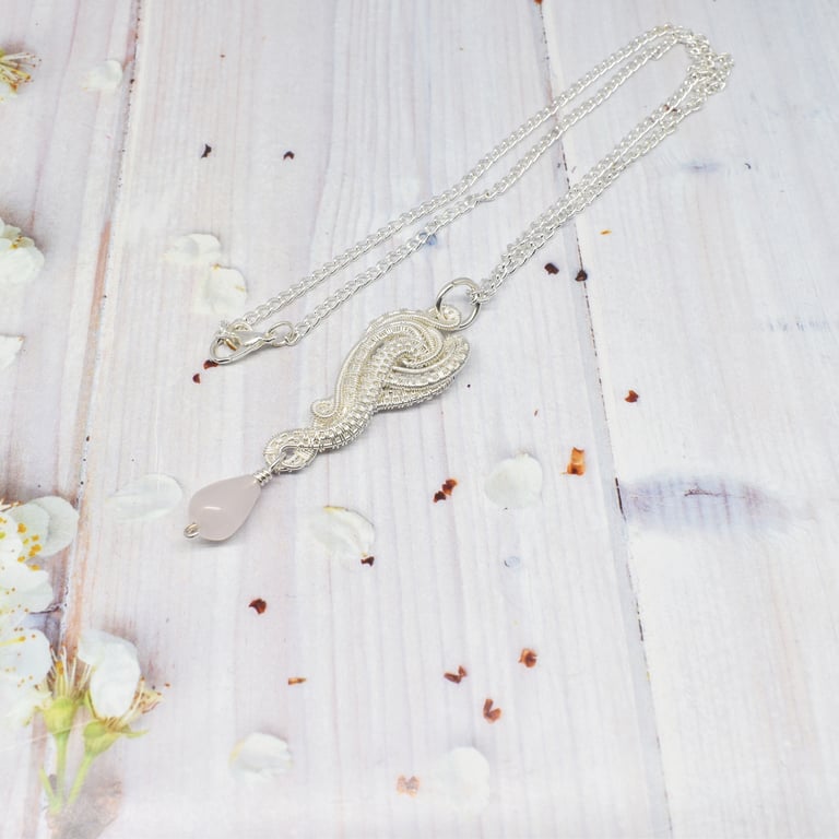 Rose Quartz and Silver Filled Wire Woven Pendant
