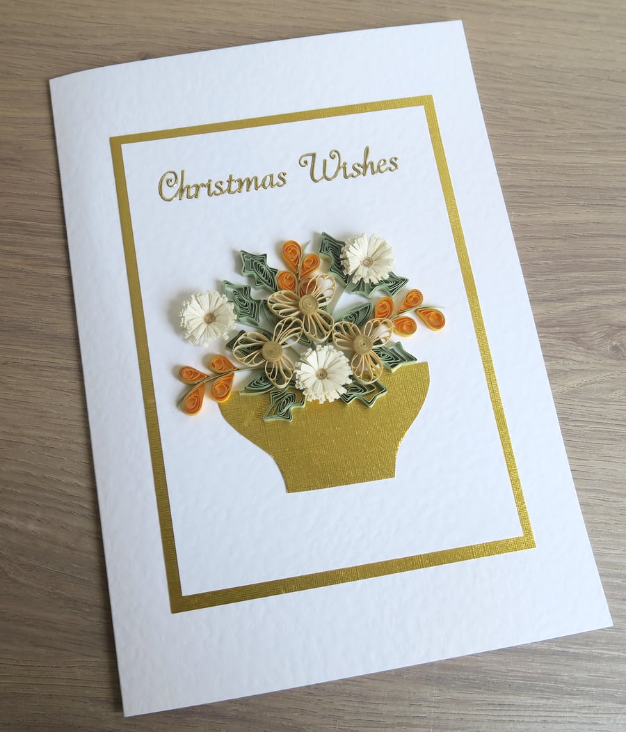 Handmade, quilled Christmas card, flowers and foliage