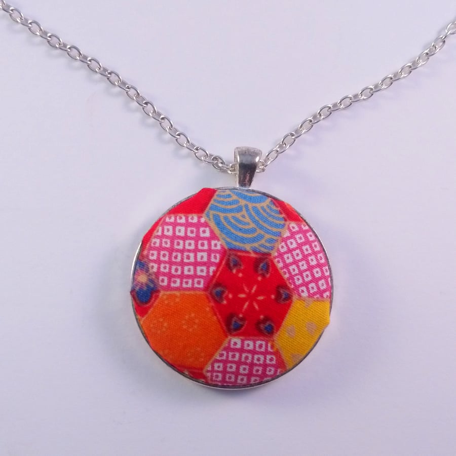 Red Hexagonal Pattern Fabric Covered Button Pendant 