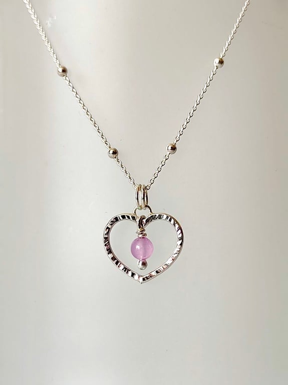 Small Sterling Silver Hammered Heart pendant necklace with Lilac Jade gemstone 