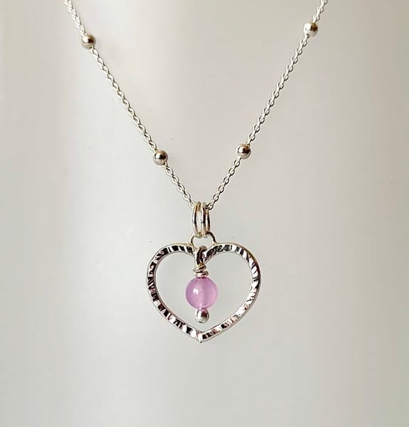 Small Sterling Silver Hammered Heart pendant necklace with Lilac Jade gemstone 