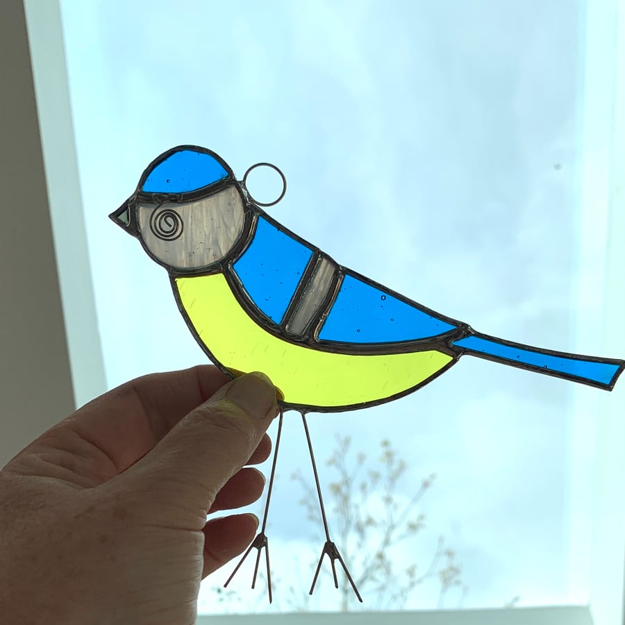 Stained Glass Blue Tit Suncatcher - Handmade Hanging Window Decoration