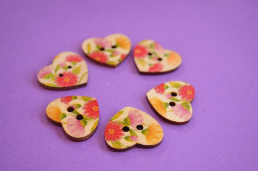 Wooden Heart Buttons Floral Pink Yellow Red 6pk 25x22mm (H2)