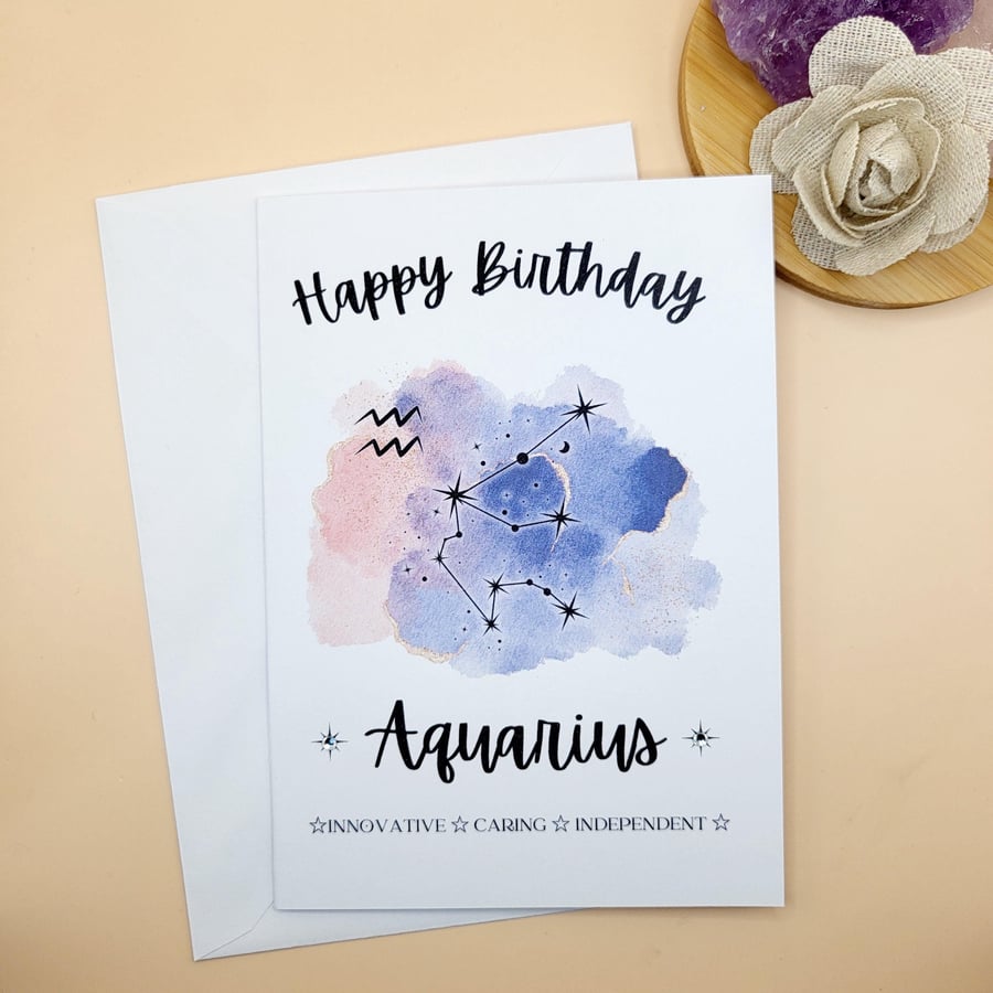 Aquarius Star Sign Birthday Card, Watercolour Design Print, Zodiac Style