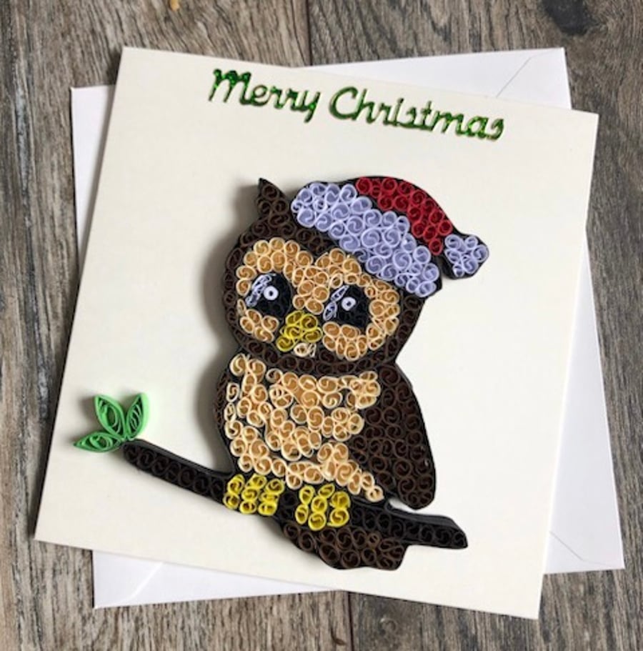 Stunning Handmade Quilled Owl Christmas Card