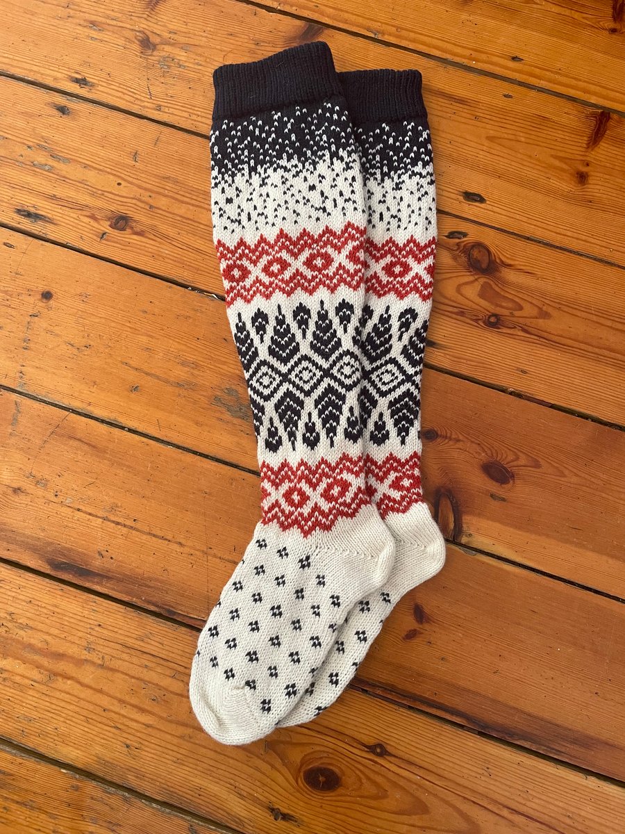 Knee length long wool socks white navy red fairisle traditional nordic latvian
