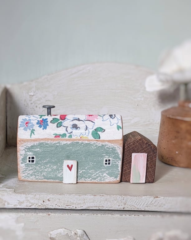 Little Handmade Painted Wooden House with Teeny Side Shed