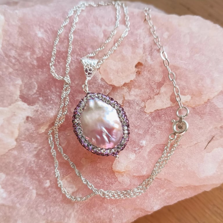 Natural Purple Baroque Pearl & Crystal Sterling Silver Necklace 16 - 18 Inch