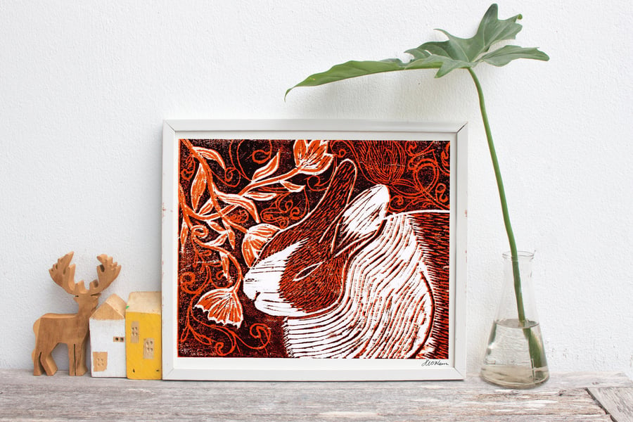 Rabbit Amongst The Flowers- A4 collagraph giclée print. Signed & Unframed.