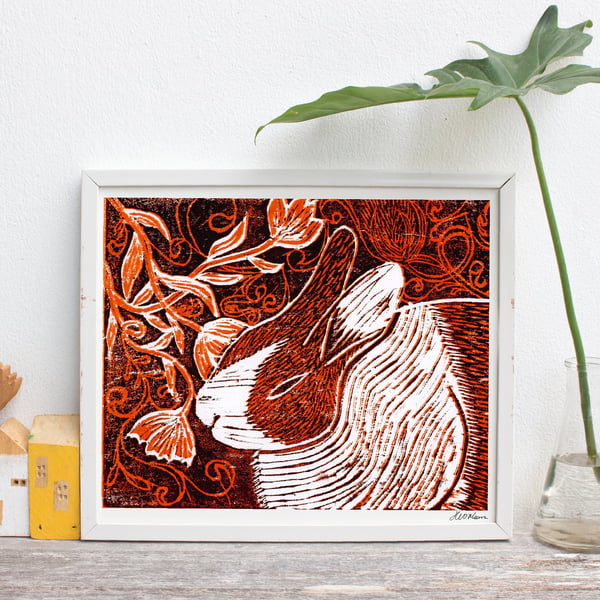 Rabbit Amongst The Flowers- A4 collagraph giclée print. Signed & Unframed.