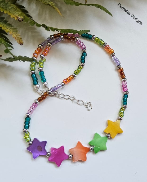Boho Mother of Pearl Star & Seed Bead Multicoloured Necklace 